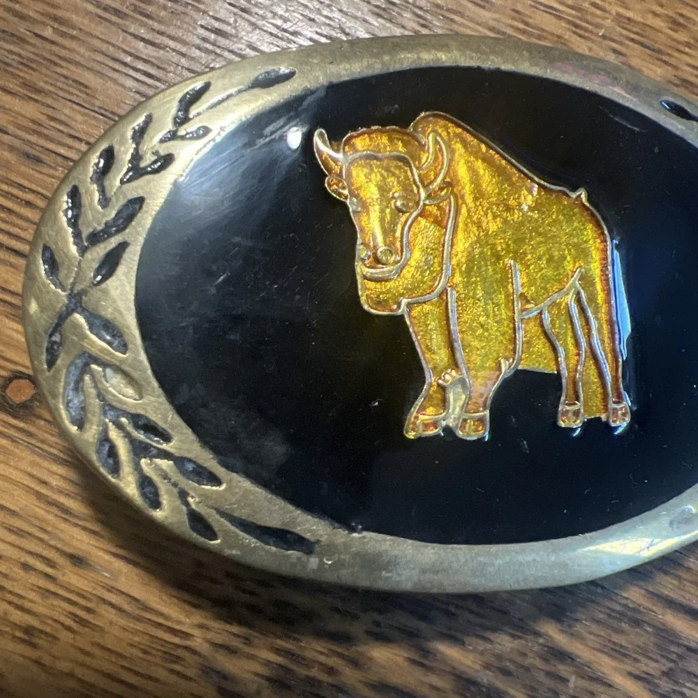 Vintage Bison Belt Buckle Black Border Inlay Enameled Solid Brass Base Oval